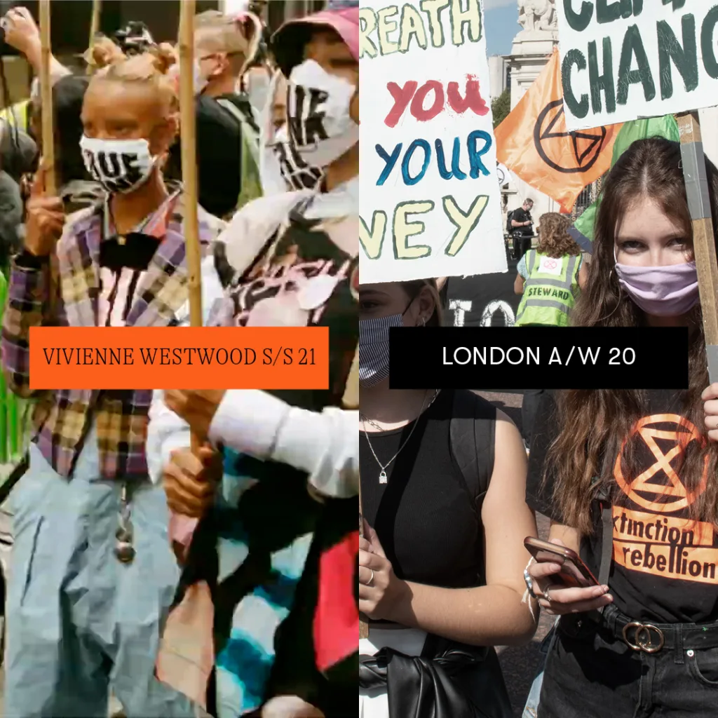Protest fashion: advocacy meets runway style as demonstrators don edgy outfits and masks at vivienne westwood s/s 21 and london a/w 20 events, wielding signs for environmental and social change.