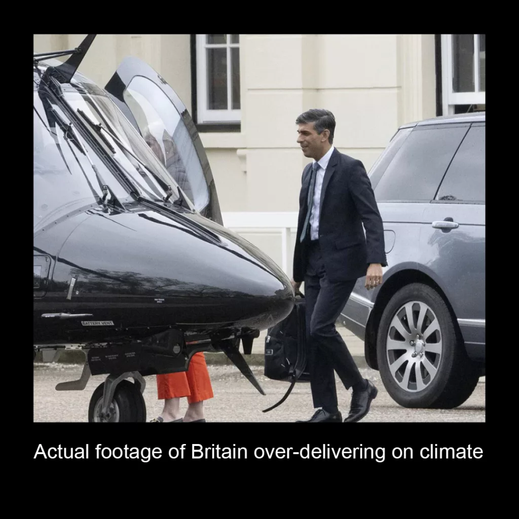 A man in a suit leaving a helicopter with a caption that humorously reads, "actual footage of britain over-delivering on climate.