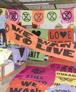 Preparing for a protest: colorful banners with bold messages ready to make a statement.