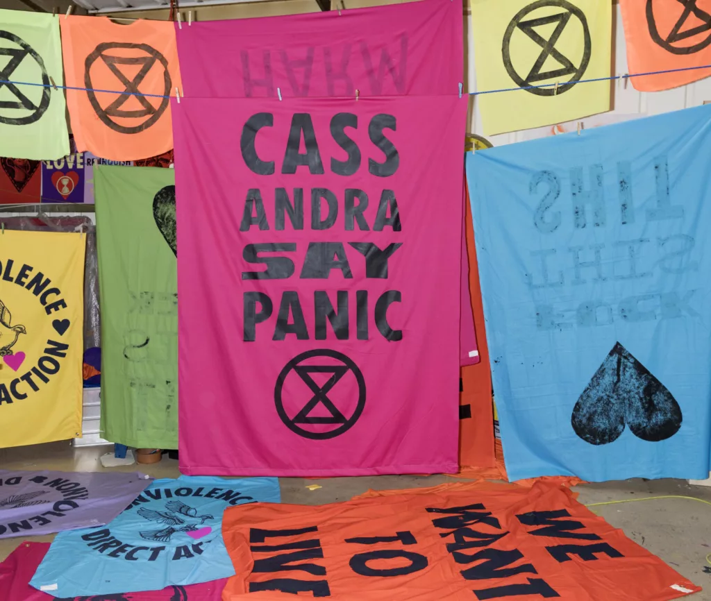 A collection of vibrant protest banners with various messages and symbols, prominently featuring the phrase "cassandra stay panic" with the anarchy symbol.
