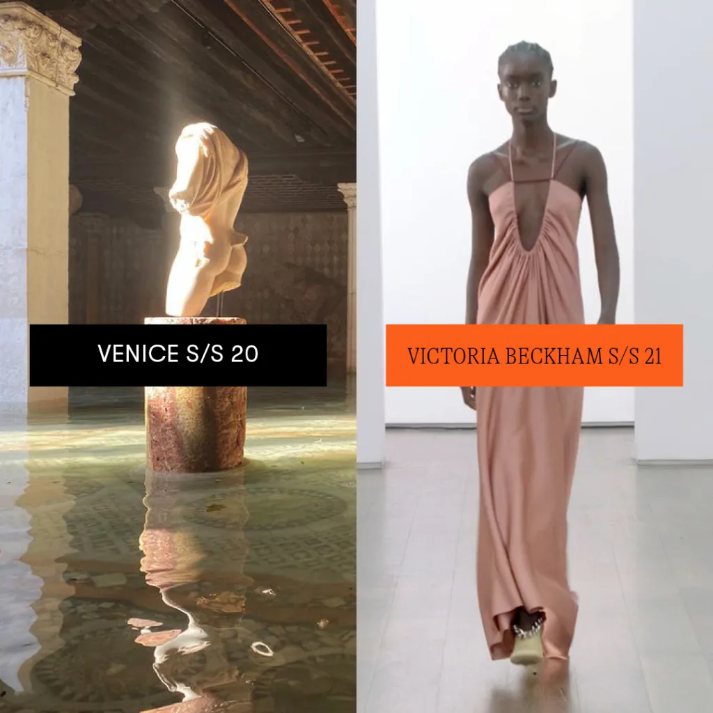 Contrasting elegance: timeless sculpture meets modern fashion - venice s/s 20 and victoria beckham s/s 21.
