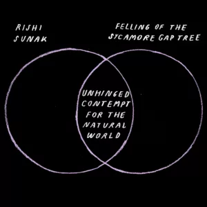Two overlapping circles creating a venn diagram with text annotations linking rishi sunak and the felling of the sycamore gap tree to a shared central theme of 'unhinged contempt for the natural world'.