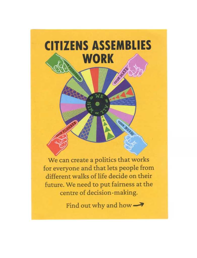 A colorful poster promoting the effectiveness of citizens assemblies, emphasizing inclusivity and fairness in decision-making processes, inviting people to discover more about their function and benefits.