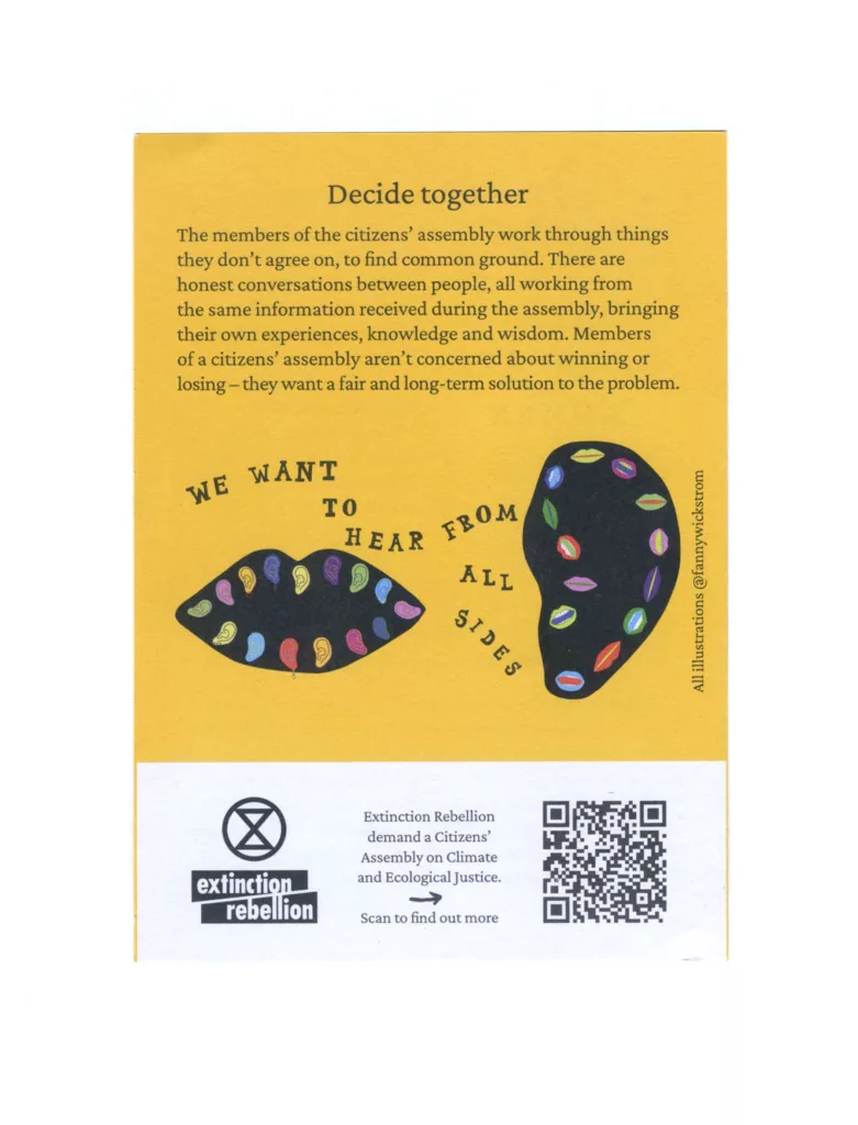 The image features a flyer from the organization extinction rebellion, calling for citizens to join an assembly on climate and ecological justice. it includes colorful, eye-catching graphics with a speech bubble containing the earth and a slogan, "we want to hear from you," emphasizing the importance of inclusive dialogue. a qr code is provided at the bottom for easy scanning to find out more information.