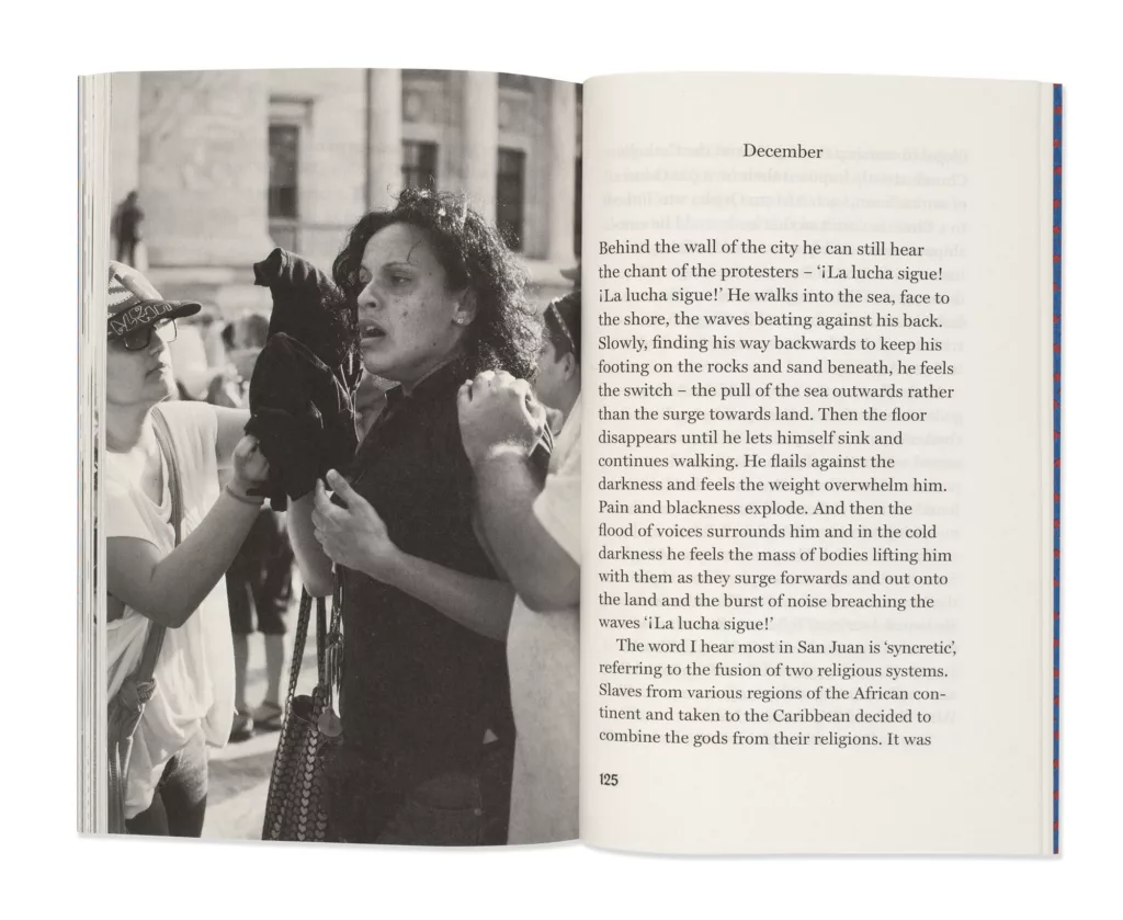 An open book with a photograph on the left page showing a person looking to their side, while on the right page, text from a story or article is visible.