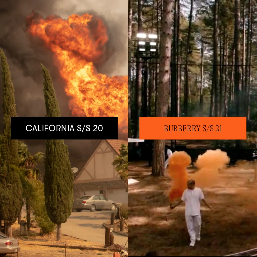 A collage contrasting two scenes: the left side depicts a dramatic wildfire with an intense blazing fireball in california, and the right side shows a serene burberry spring/summer '21 fashion campaign set in a tranquil forest.