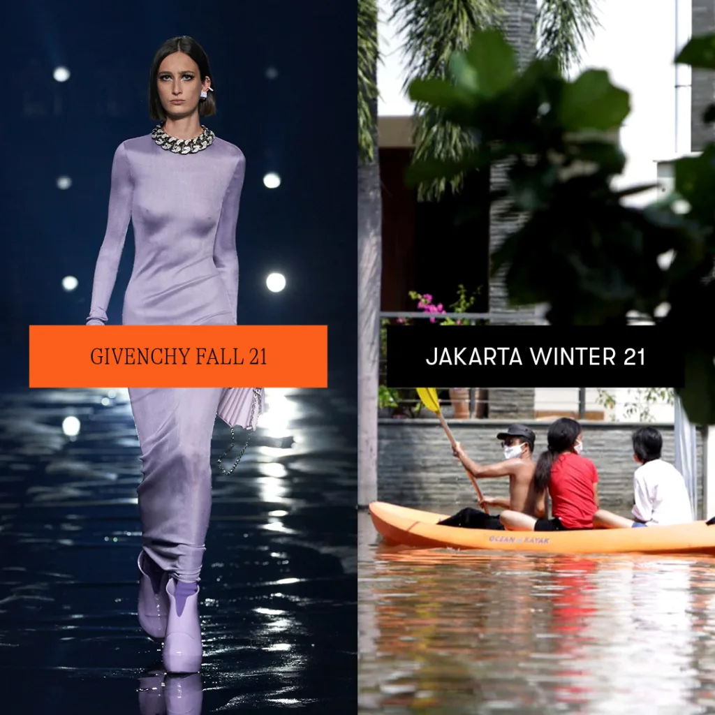 A tale of two seasons: elegance meets resilience, with a fashion model showcasing givenchy fall 21 on the left, while individuals navigate a flooded street in jakarta winter 21 by kayak on the right.