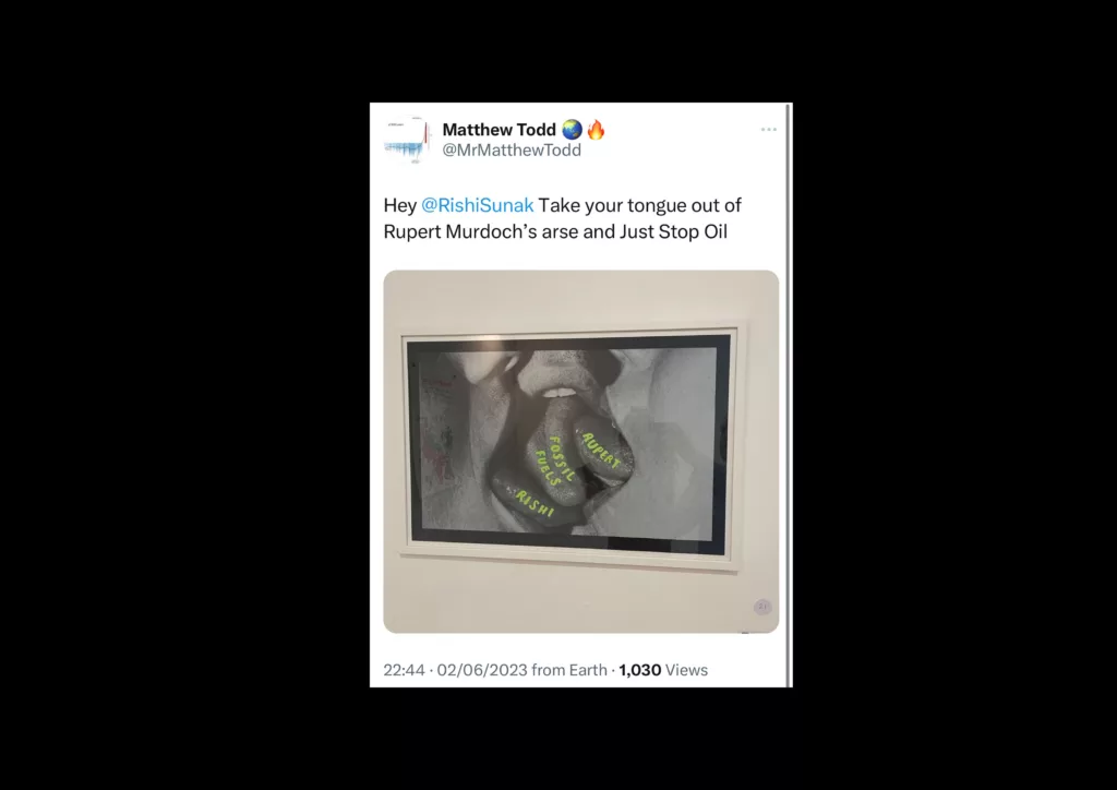 The image depicts a screenshot of a tweet with a photo of someone's hand pressing against a window, the hand is wearing a glove with the text "stop oil" written on it, signaling a protest against the oil industry. the tweet appears to be directed at an individual, criticizing their relationship with a media mogul and calling for action against the oil industry.