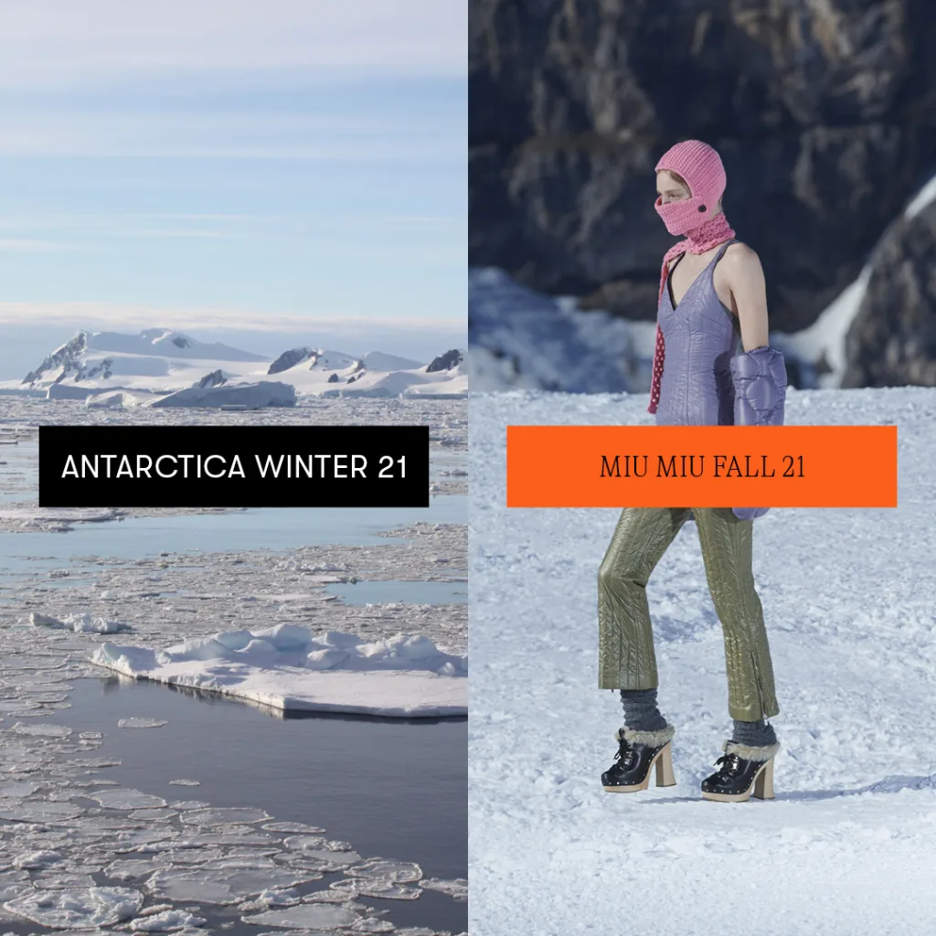 A contrasting fashion showcase: on the left, an untouched snowy landscape in antarctica signifies winter 2021, while on the right, a model dons a stylish ensemble from miu miu's fall 2021 collection, striking a pose against a rocky backdrop.