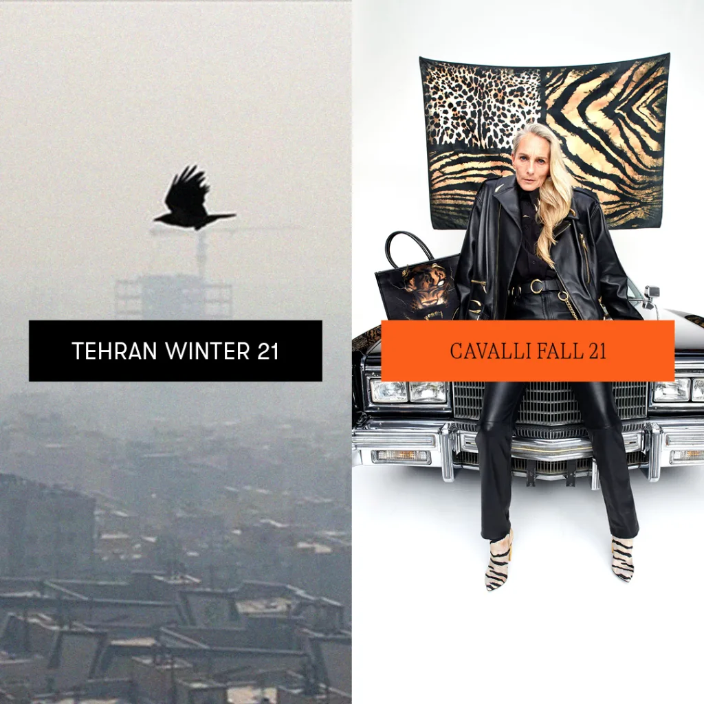 Contrasting seasons of style: "tehran winter '21 meets cavalli fall '21 – urban cool meets animal print chic.
