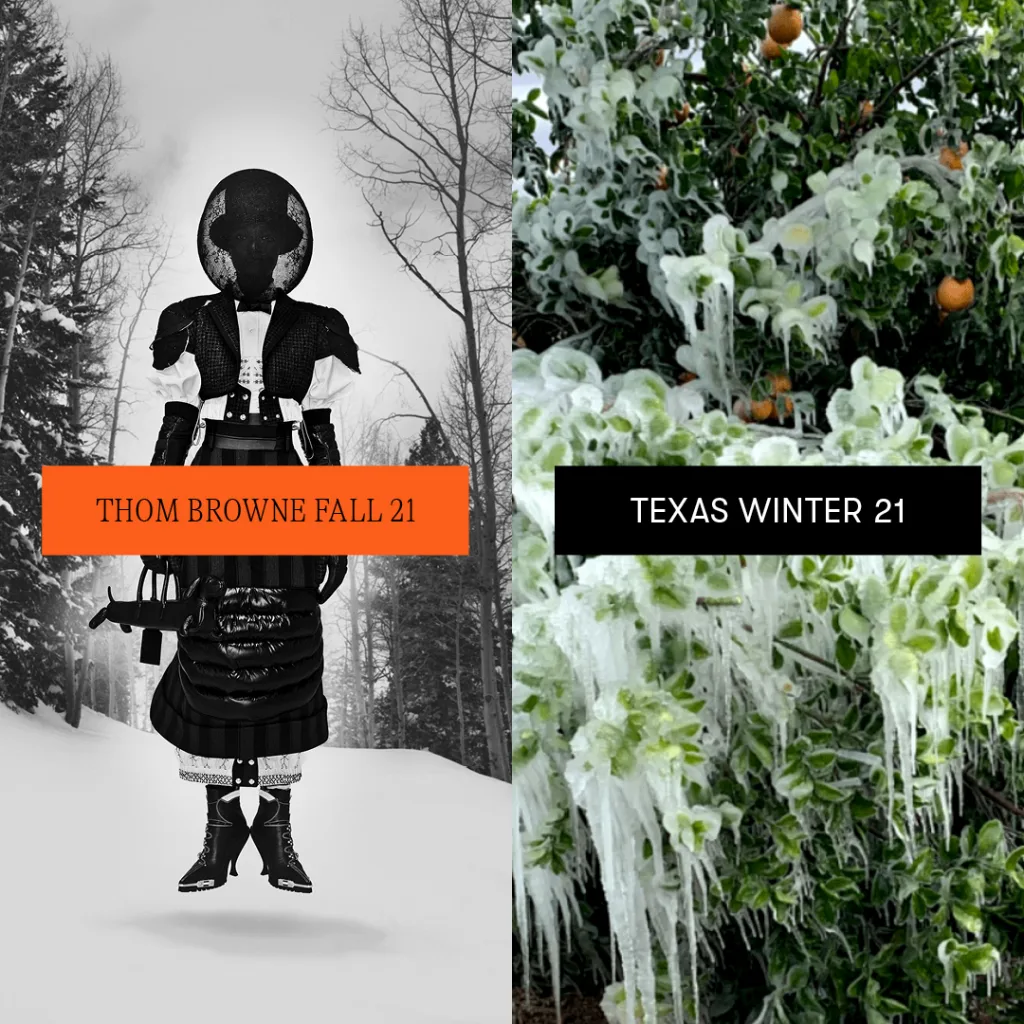 A contrasting visual of seasonal events: on the left, a fashion-forward ensemble from thom browne's fall '21 collection, and on the right, a snapshot of a chilling texas winter in '21, with ice-encased greenery.