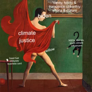 A stylized allegorical representation using a classic painting, where various elements are labeled to depict the struggle of pushing climate justice against the opposing forces of fossil fuel interests, with an implication of political and social dynamics at play.