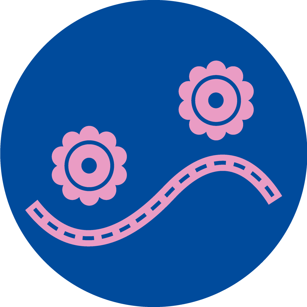 Abstract depiction of two pink flowers and a dotted line simulating a stem or path on a blue circular background.