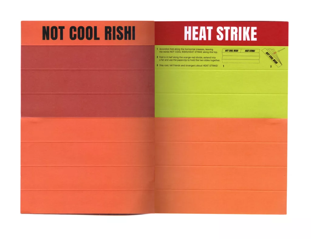 A color gradient flyer with a temperature scale theme, transitioning from red to green, with bold headlines "not cool rishi" and "heat strike" suggesting a thematic play on heat and coolness possibly related to a political or social campaign.