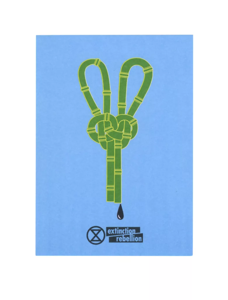 Illustration of a green hourglass shaped like a fist, symbolizing urgency in the fight against climate change, associated with the extinction rebellion movement.