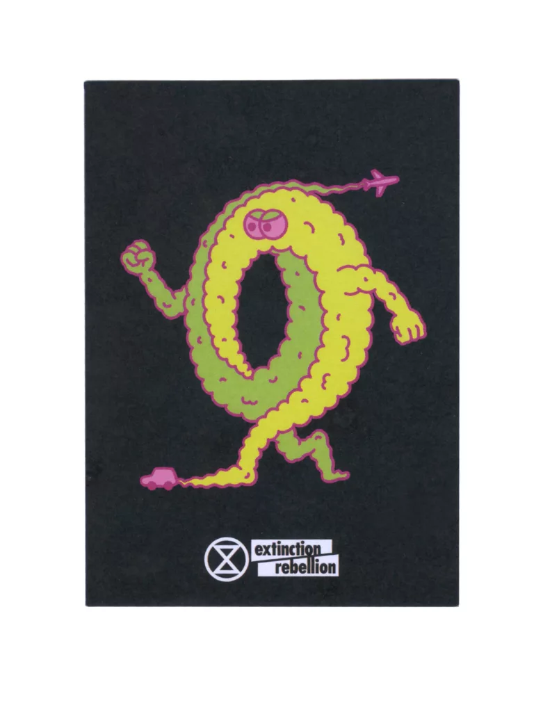 Animated character in the shape of the letter "q," depicted with legs and arms, playfully dancing or walking with a determined expression, embellished with pink accents, set against a black background featuring the "extinction rebellion" logo at the bottom.