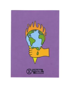 Conceptual illustration of a hand gripping a burning earth against a purple background, symbolizing the urgent call to action on climate change by extinction rebellion.