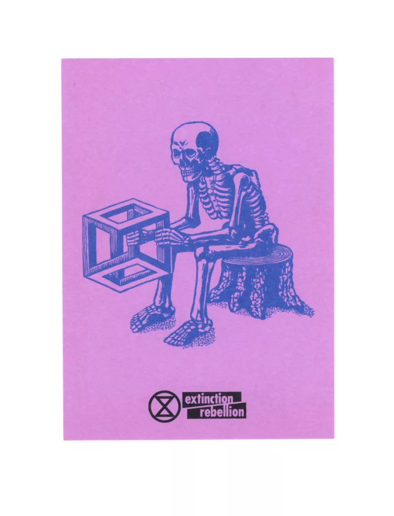 An artistic representation of a skeleton sitting and pondering over an open cube structure, set against a pink background, accompanied by the extinction rebellion logo, symbolizing environmental concern and activism.