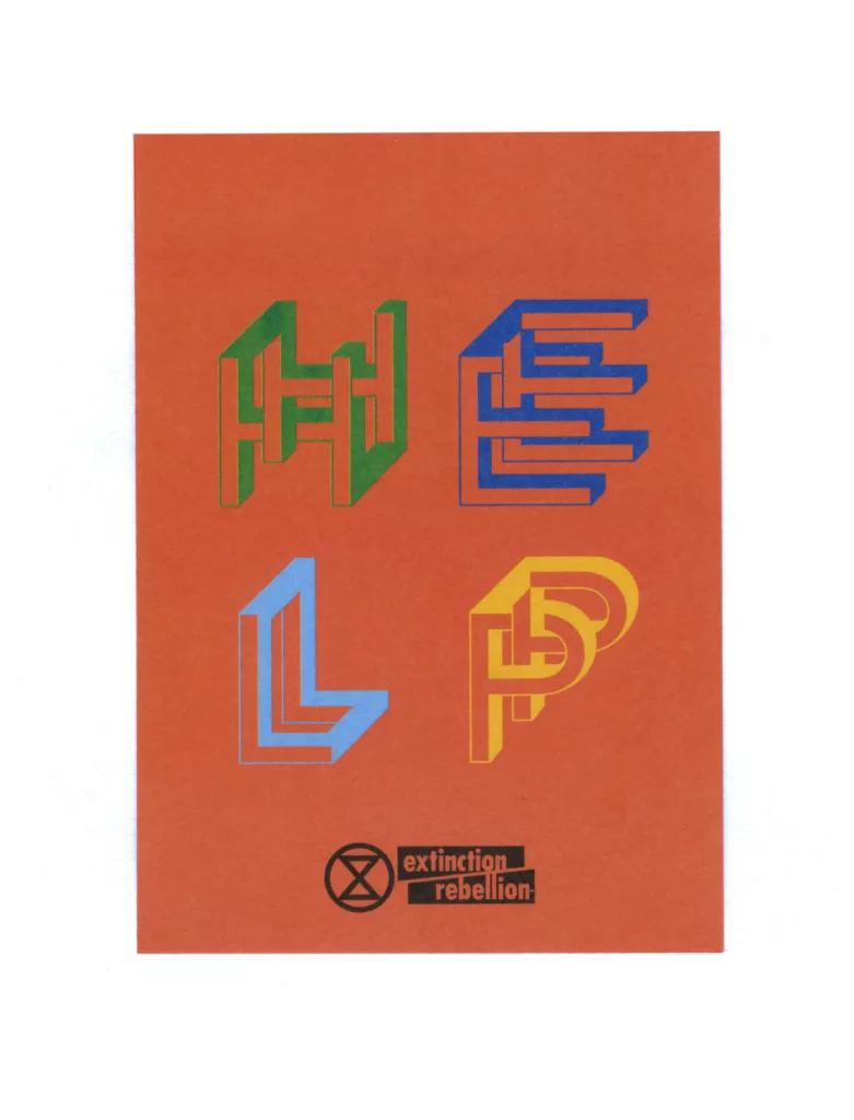 The image shows a graphic artwork with stylized representations of the letters "help" in green, blue, red, and yellow, arranged vertically and rotated at different angles on an orange background. below the letters, there is the extinction rebellion symbol, indicating that the artwork is likely related to the environmental movement known for advocating against climate change and biodiversity loss.