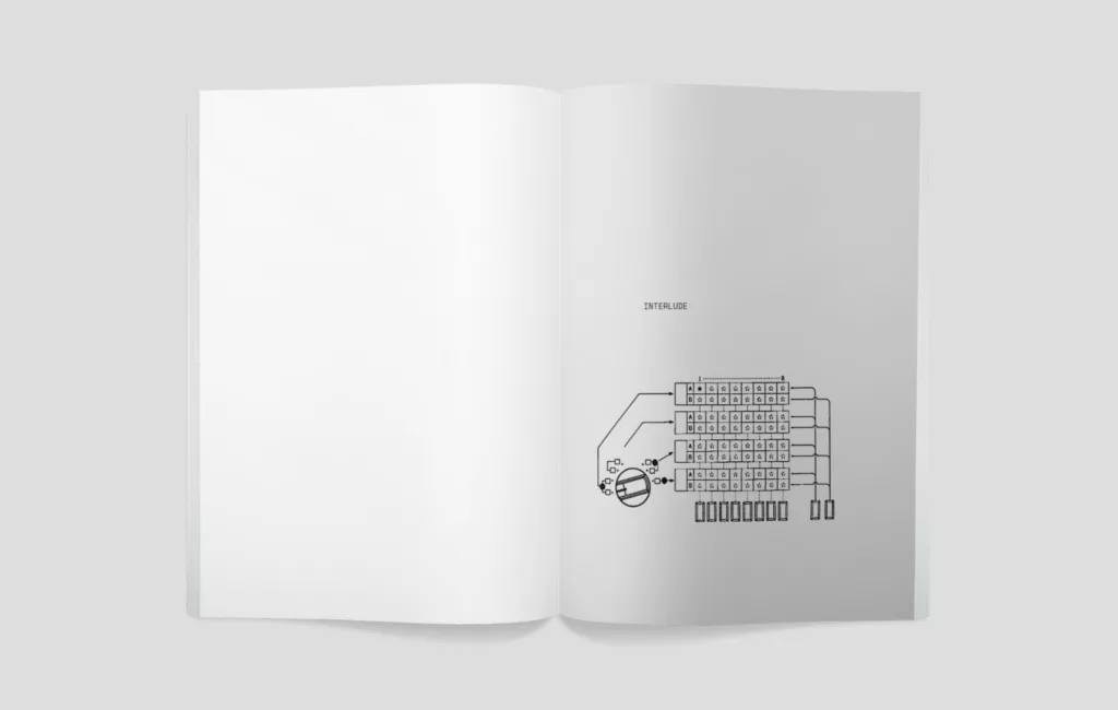 An open magazine or booklet with a minimalist infographic or illustration on the right-hand page, incorporating geometric shapes and a small amount of text that reads "infrastructure.