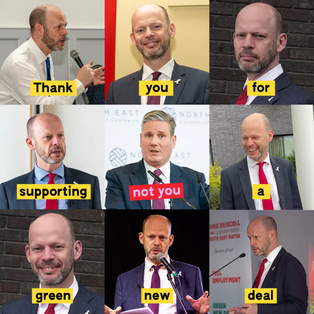 A collage of photos featuring a man in different outfits and settings, with overlay text creating a humorous message that reads "thank you for supporting not you a new green deal.
