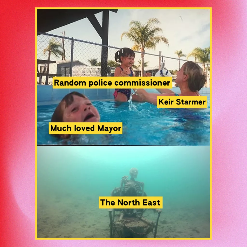 The image appears to be a humorous meme contrasting two scenes with overlaid text to create a metaphorical relationship between them. the top part of the image shows two people in a swimming pool, labeled as "random police commissioner" and "keir starmer," implying a positive and close relationship. the bottom part of the image shows a solitary figure, presumably underwater, labeled "the north east," suggesting isolation or neglect. the meme likely aims to convey a message about political dynamics or perceptions of attention given to different entities or regions.