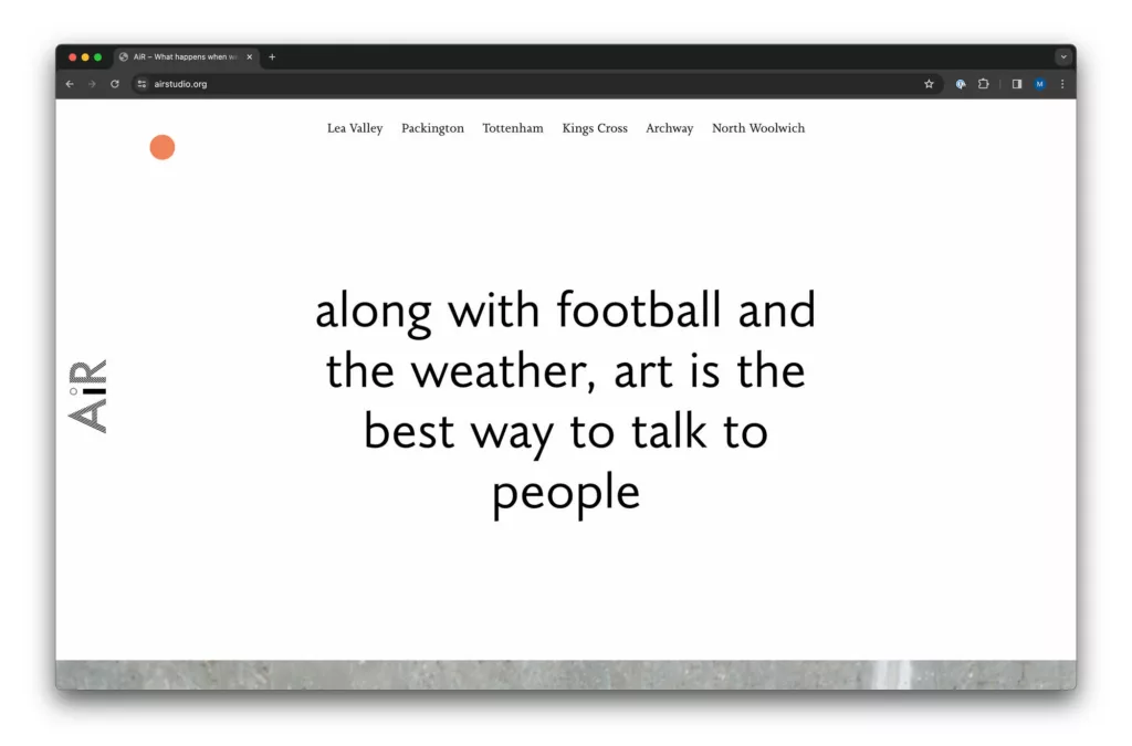 A clean, minimalist web page displaying a thought-provoking message: "along with football and the weather, art is the best way to talk to people".