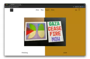 A computer screen displaying a website with a photo of a colorful, pie-chart style artwork next to a protest sign that reads "gaza cease fire now".