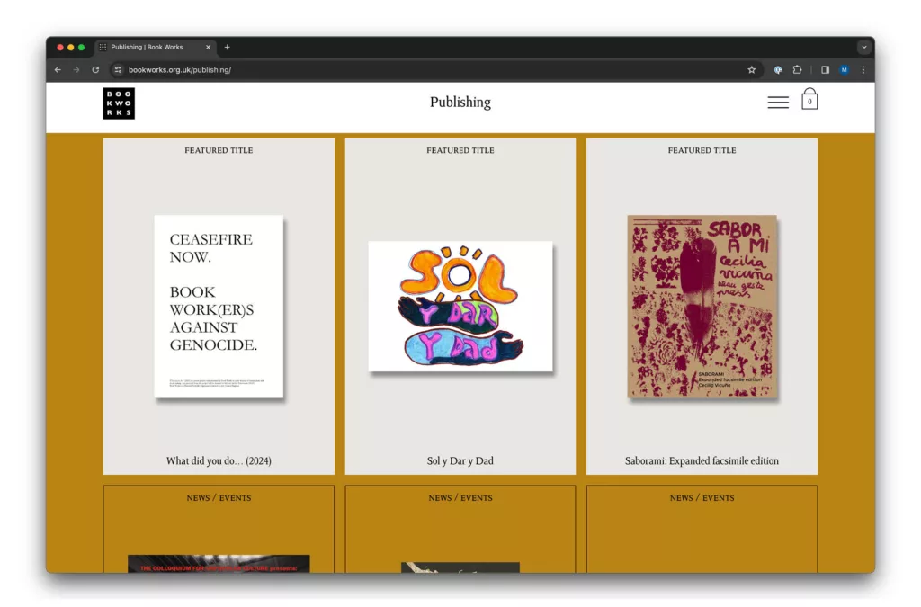 A screenshot of a website's book publishing section featuring three different featured titles with colorful covers, alongside a menu and tabs for various sections of the site such as news and events.