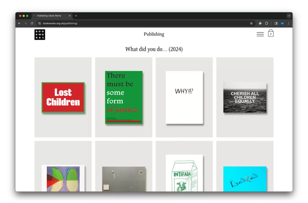 A web browser displaying a grid of graphic designs or posters with various texts and images, reflecting powerful messages or artistic statements.