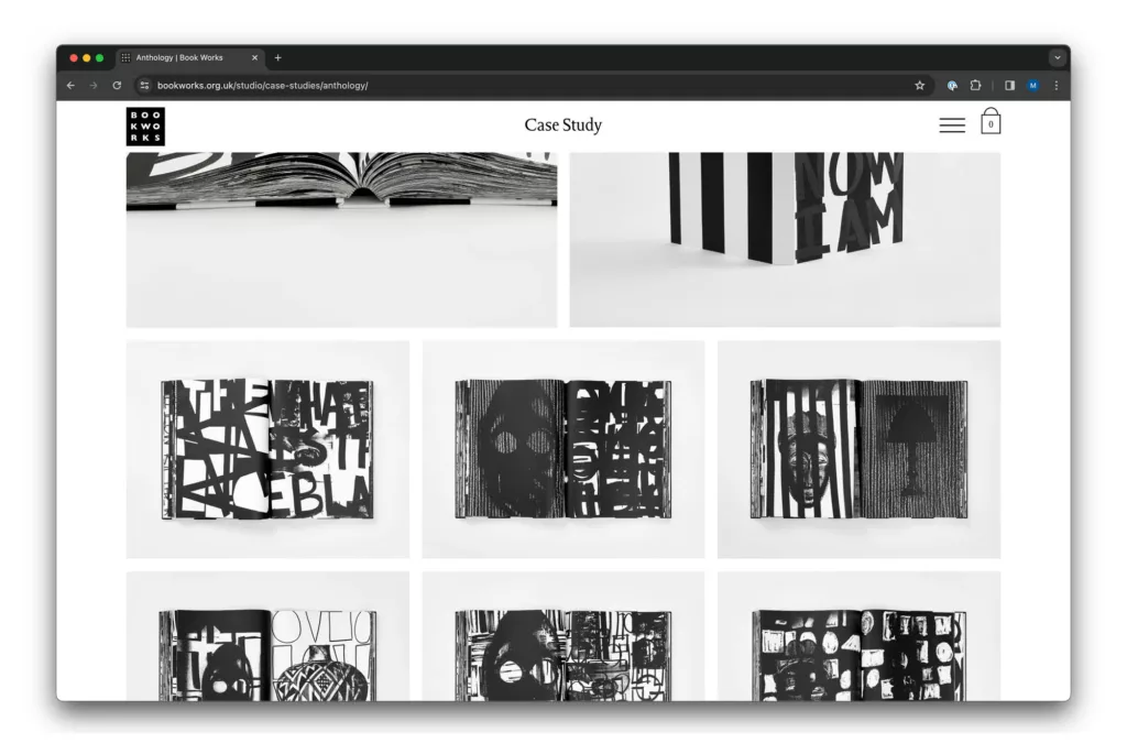 A webpage displaying a case study section with a variety of black and white abstract graphic designs and a centrally positioned open book on a white surface.