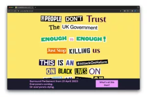 The image shows a computer screen displaying a webpage with a protest message against the killing of black individuals and an attack on nature, indicating a planned rally at parliament on 21 april 2023.