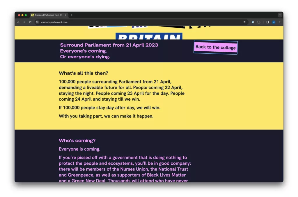 The image displays a webpage with a blue banner containing text that seems to call for a large gathering or protest, urging 100,000 people to surround parliament on 21 april 2023 and stay until a certain demand is met, which is not fully readable in the cropped image. the text below speaks to people who wish to participate, suggesting that if the targeted number of people stay, they will succeed. the text also hints at various groups supporting the movement, including the nurses union, the national trust, and greenpeace, though the complete details and context are not visible in the image.