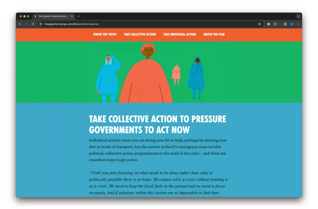 A colorful illustration showing diverse individuals in a line on a green background with an orange call-to-action banner that reads: "take collective action to pressure governments to act now.