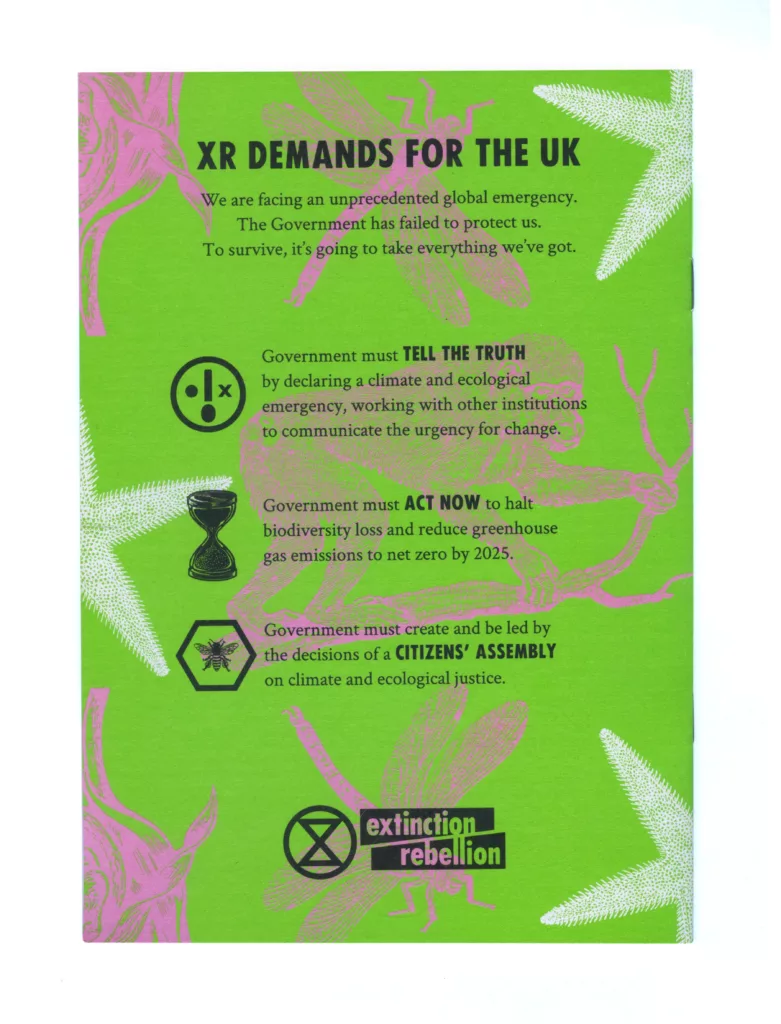 A vibrant extinction rebellion poster displaying the group's demands for the uk, urging immediate action on climate and ecological emergencies, with bold text and striking graphics on a green background.