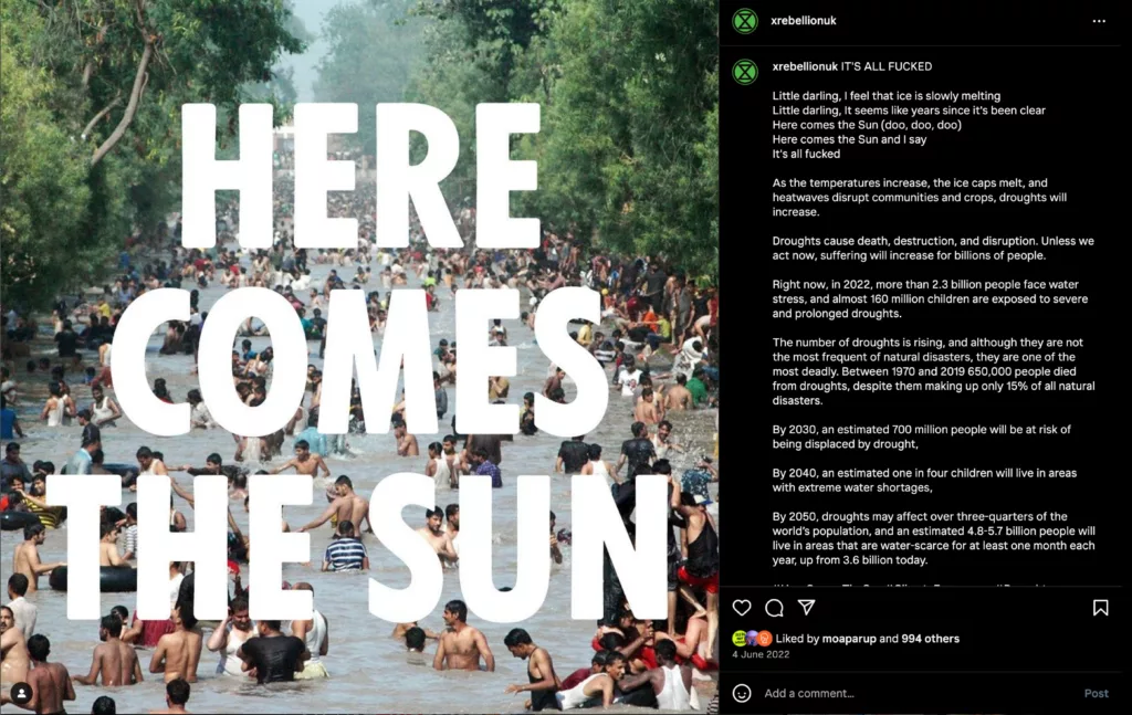 The image appears to be a social media screenshot, specifically from instagram, featuring a large, bold text overlay "here comes the sun" across the middle. in the background, there's a crowded scene, which looks like people gathered in a green outdoor area, possibly a park. the text below the image, which is part of the instagram post, provides a commentary on various existential concerns, mentioning climate change, data privacy, the economy, and advancements in technology. the tone of the text suggests an urgent call for attention to these issues.
